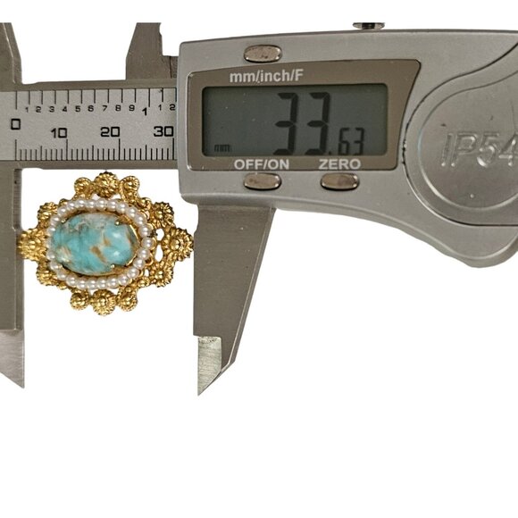 Gold Tone Mottled Blue Oval Glass Faux Pearl Oval Vintage Filigree Brooch L213 - Picture 8 of 9